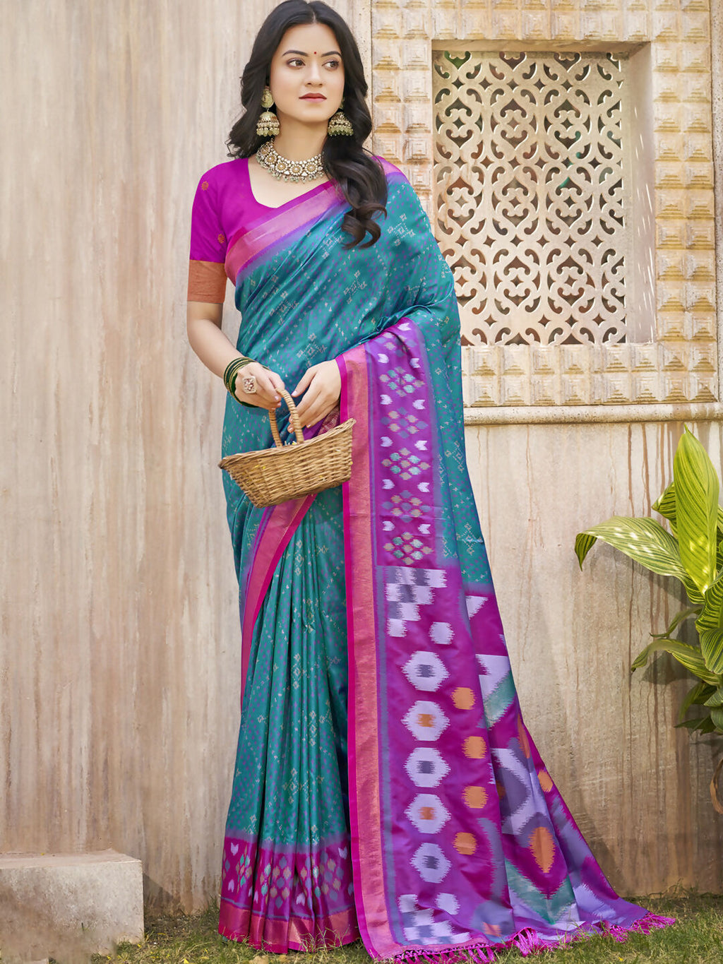 Shree Shyam Fashion Pochampalli Silk Sea Green Saree | Grocsy