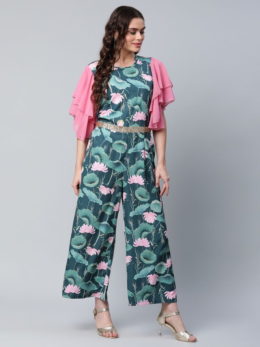 Ahalyaa Women's Dark Green Crepe Printed Jumpsuit | Grocsy