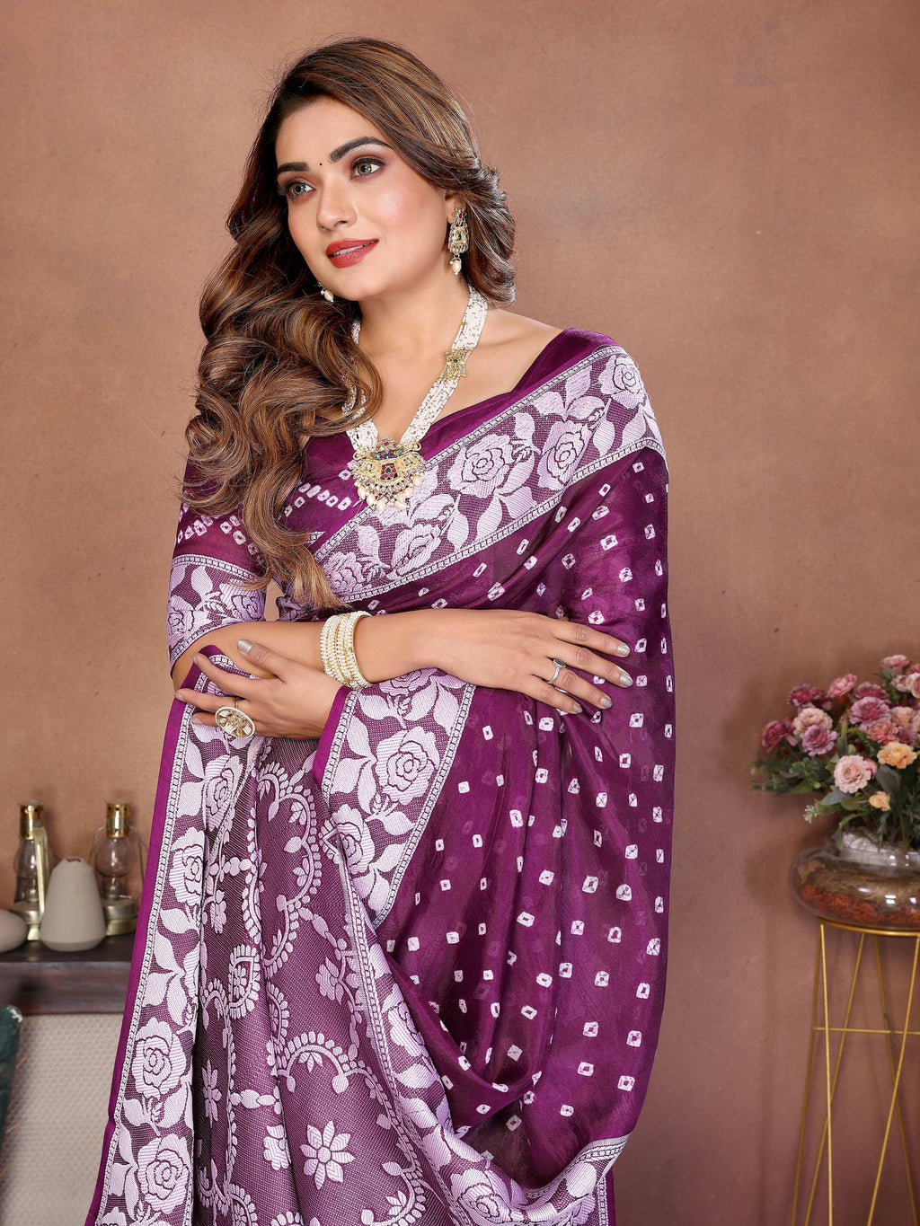 Aastha Fashion Wine Viscose Silk Handmade Original Bandhej Saree | Grocsy
