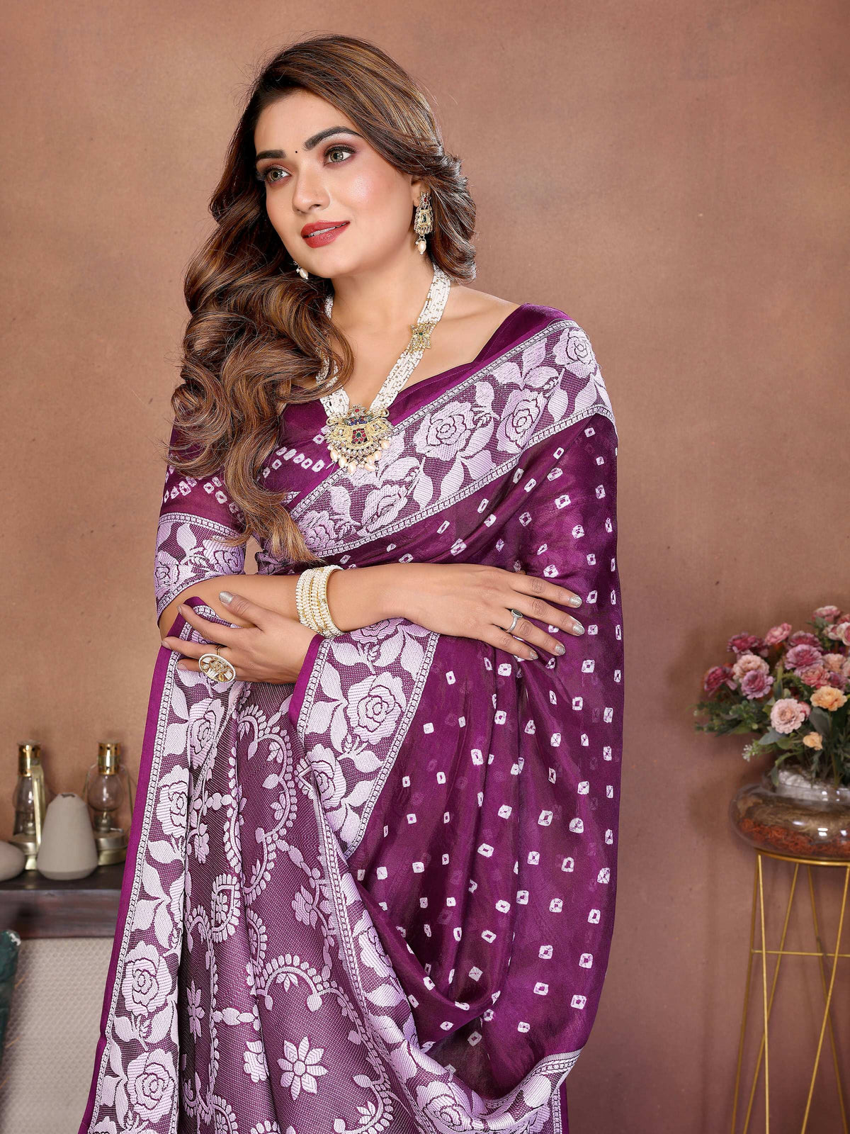 Aastha Fashion Wine Viscose Silk Handmade Original Bandhej Saree | Grocsy