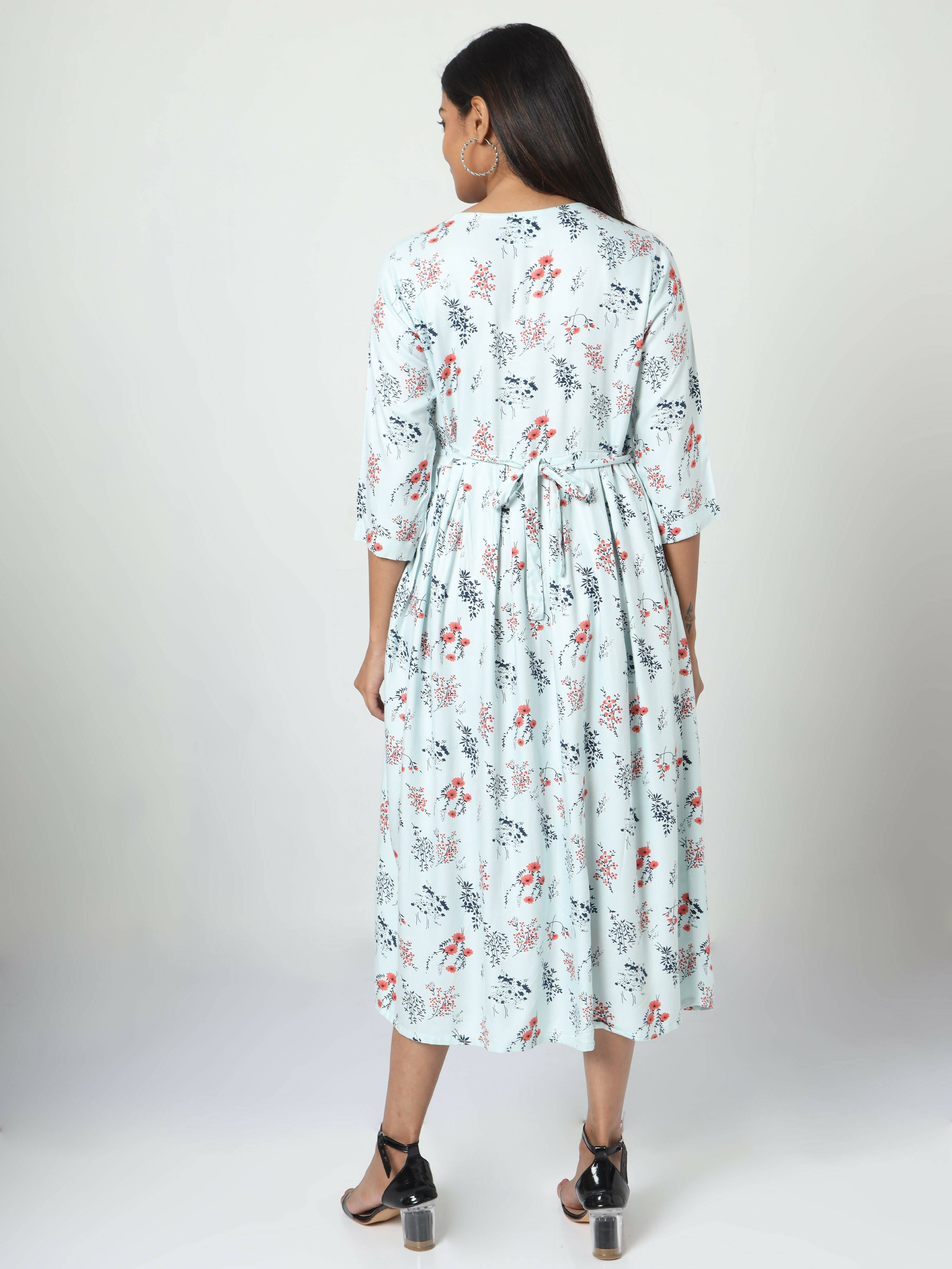 Manet Three Fourth Maternity Dress Floral Print With Concealed Zipper Nursing Access - Pista Green | Grocsy