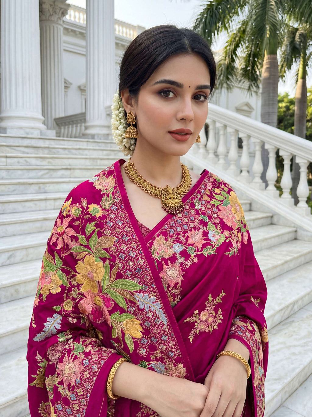 Aastha Fashion Rani Pink Premium Russian Silk Designer Floral Position Print Saree | Grocsy