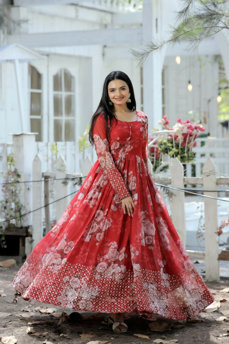 Jyoti Fashion Women's Red Sequence Zari Embroidered Faux Georgette Anarkali Dress | Grocsy
