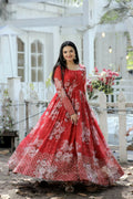 Jyoti Fashion Women's Red Sequence Zari Embroidered Faux Georgette Anarkali Dress | Grocsy