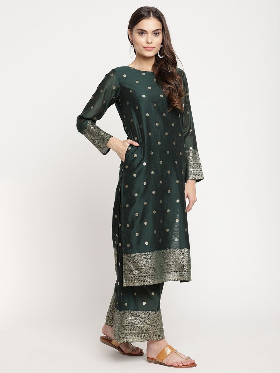 Ahalyaa Dark Green Gold Print Kurta Palazzo Set With Dupatta | Grocsy