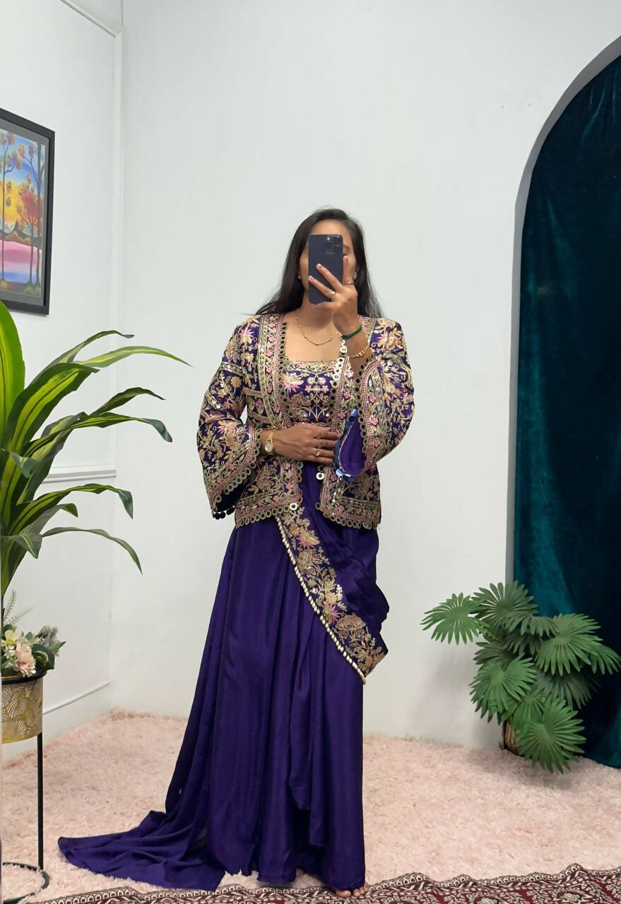 Teeya Creation Purple Color Chinon Silk Embroidery Work Ready To Wear Party Wear Saree With Koti | Grocsy