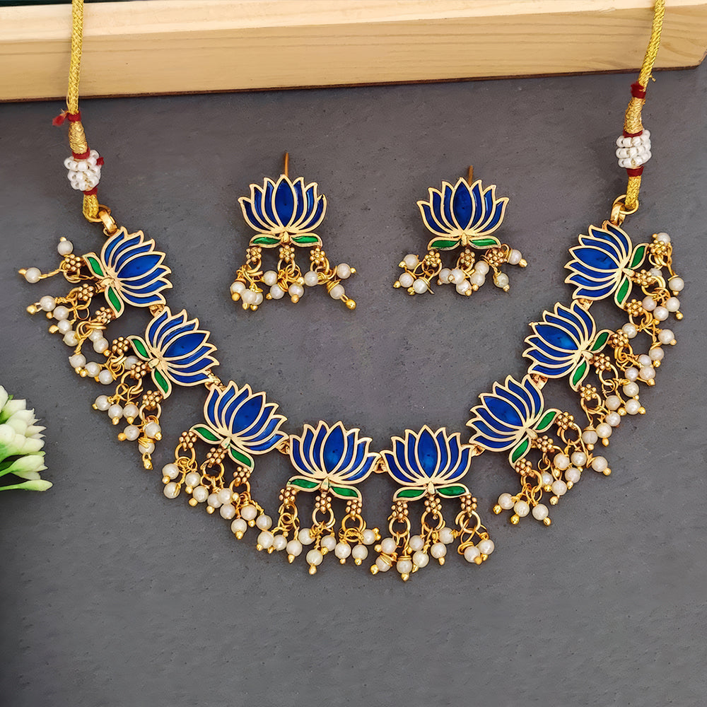 JS Fashion Traditional High Gold Necklace Set with Pink Lotus Motif and Ethnic Celebrations | Grocsy