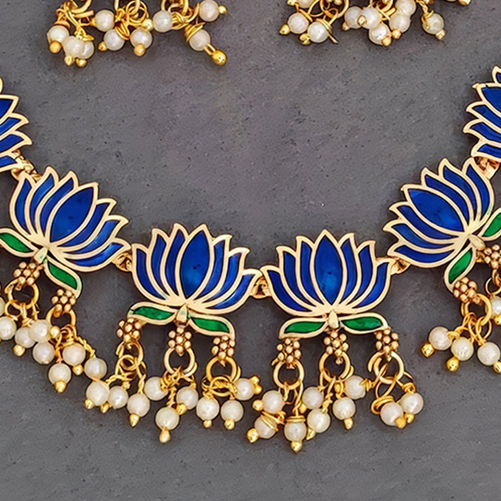 JS Fashion Traditional High Gold Necklace Set with Pink Lotus Motif and Ethnic Celebrations | Grocsy
