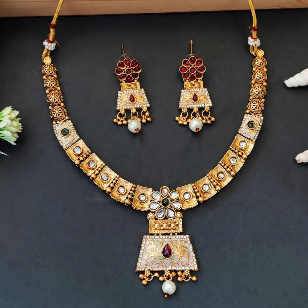 JS Fashion Traditional Antique Necklace Set with Pearl Drops | Grocsy