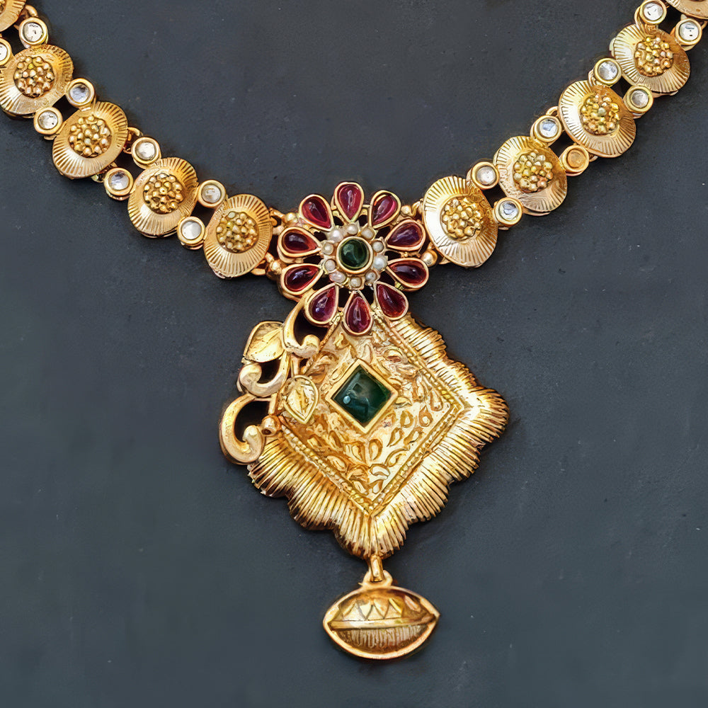 JS Fashion Antique High Gold with Green Accent Party Wear Necklace Set | Grocsy