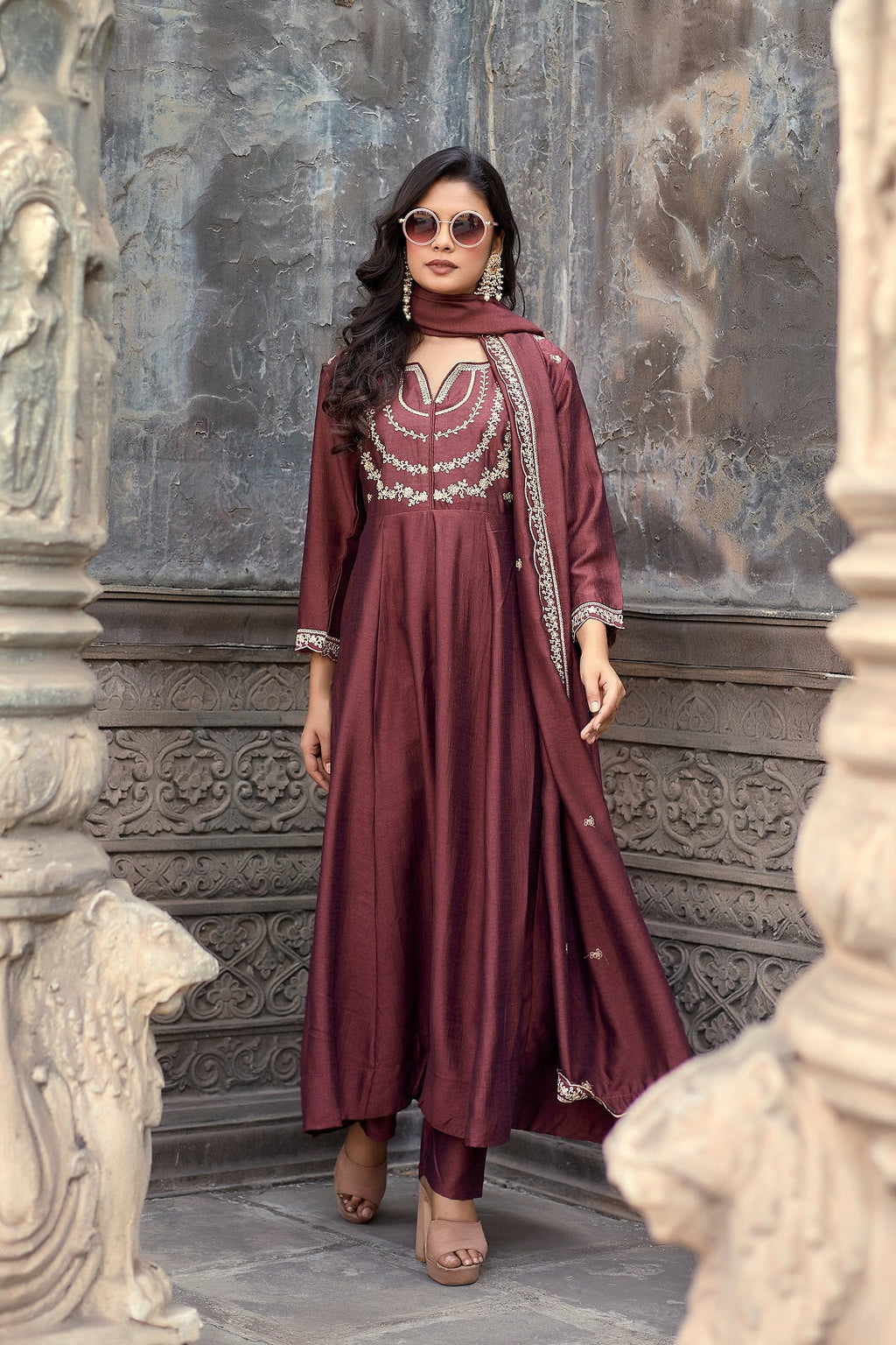 Dwija Fashion Anarkali Kurti Vichitra Silk Embroidered Maroon Color Kurti With Pant And Dupatta | Grocsy