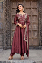 Dwija Fashion Anarkali Kurti Vichitra Silk Embroidered Maroon Color Kurti With Pant And Dupatta | Grocsy