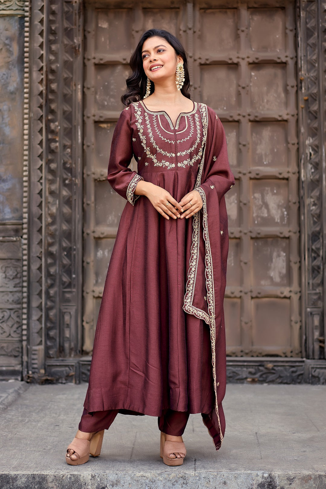 Dwija Fashion Anarkali Kurti Vichitra Silk Embroidered Maroon Color Kurti With Pant And Dupatta | Grocsy