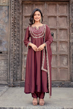 Dwija Fashion Anarkali Kurti Vichitra Silk Embroidered Maroon Color Kurti With Pant And Dupatta | Grocsy