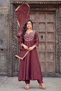 Dwija Fashion Anarkali Kurti Vichitra Silk Embroidered Maroon Color Kurti With Pant And Dupatta | Grocsy