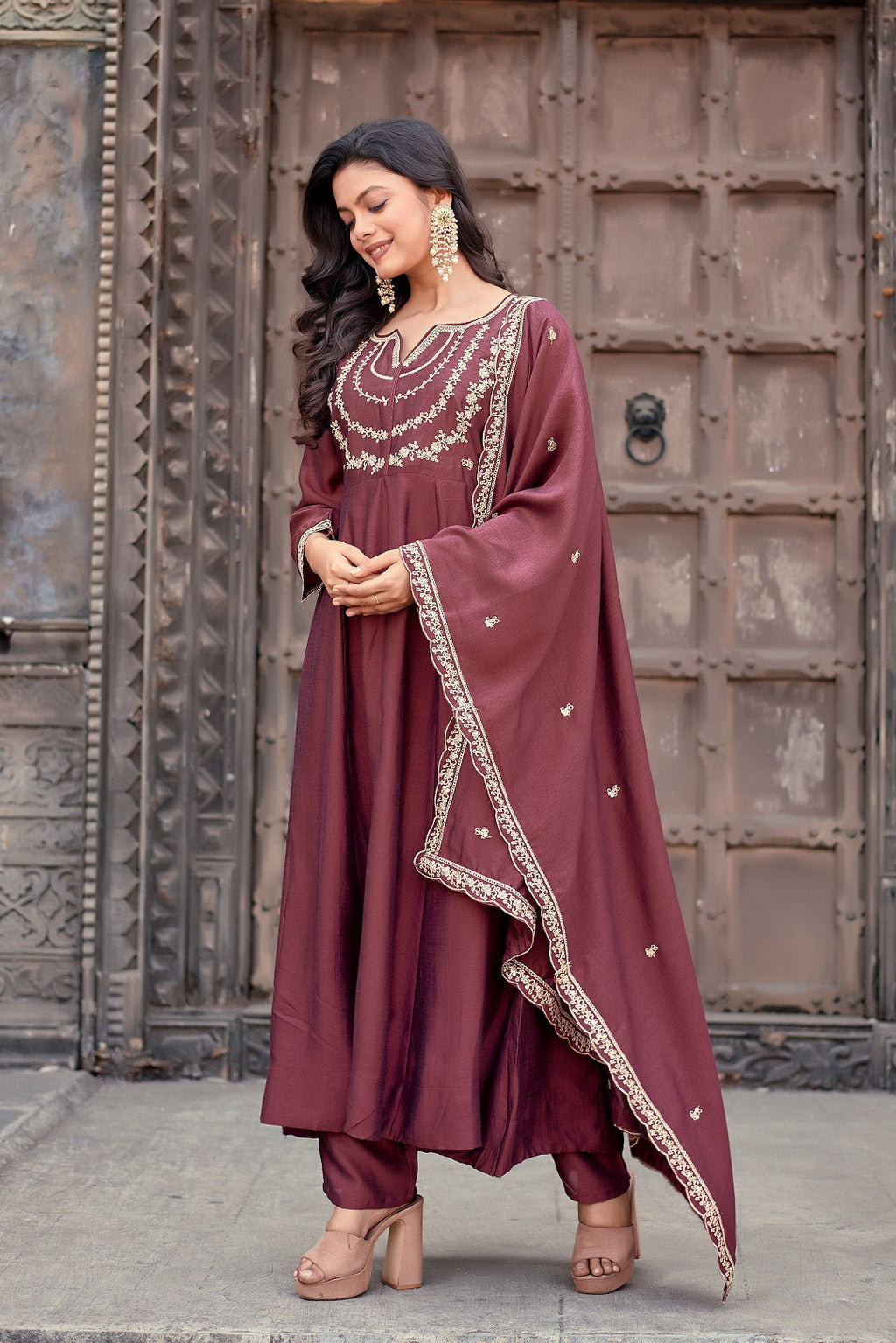 Dwija Fashion Anarkali Kurti Vichitra Silk Embroidered Maroon Color Kurti With Pant And Dupatta | Grocsy