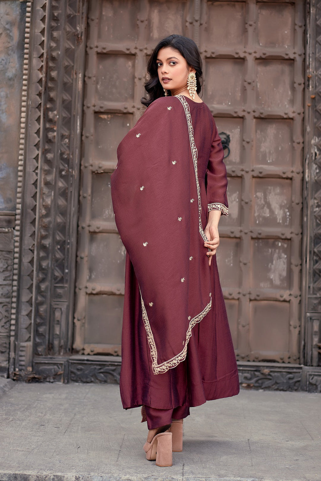 Dwija Fashion Anarkali Kurti Vichitra Silk Embroidered Maroon Color Kurti With Pant And Dupatta | Grocsy