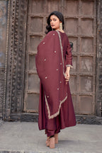 Dwija Fashion Anarkali Kurti Vichitra Silk Embroidered Maroon Color Kurti With Pant And Dupatta | Grocsy