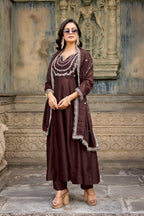 Dwija Fashion Anarkali Kurta Vichitra Silk Embroidered Deep Brown Color Kurti With Pant And Dupatta | Grocsy
