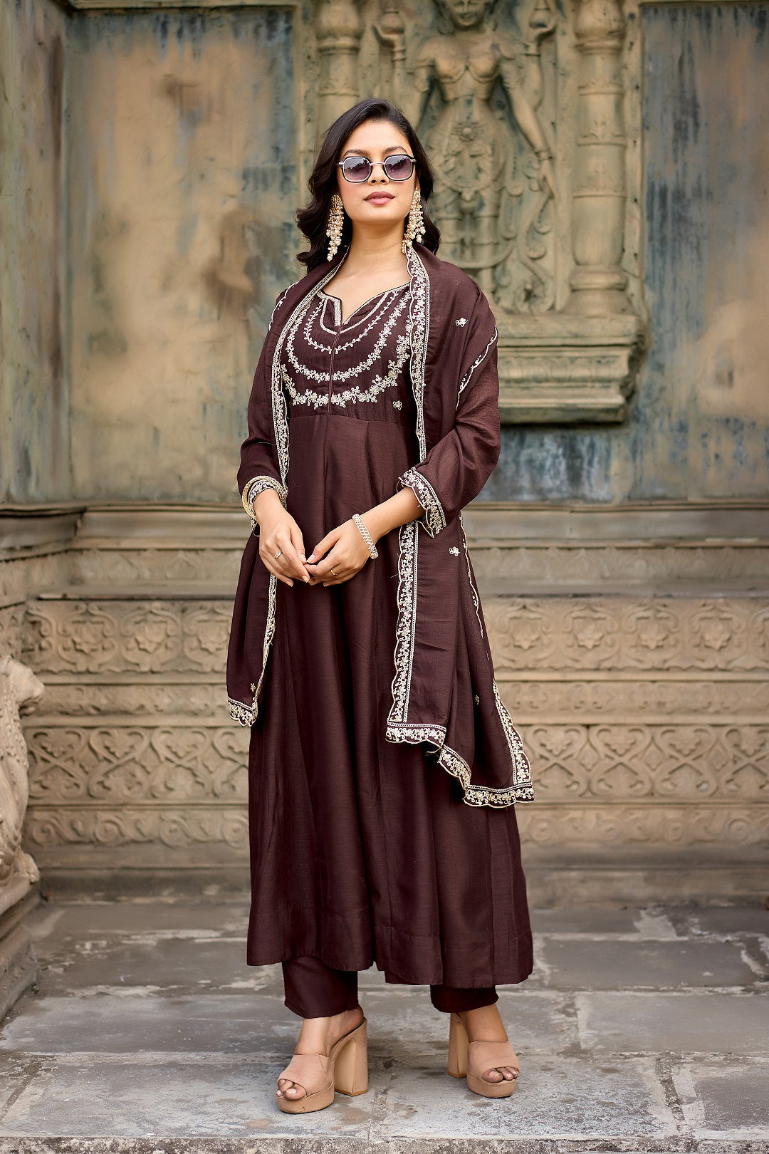 Dwija Fashion Anarkali Kurta Vichitra Silk Embroidered Deep Brown Color Kurti With Pant And Dupatta | Grocsy