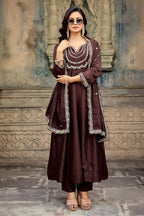 Dwija Fashion Anarkali Kurta Vichitra Silk Embroidered Deep Brown Color Kurti With Pant And Dupatta | Grocsy
