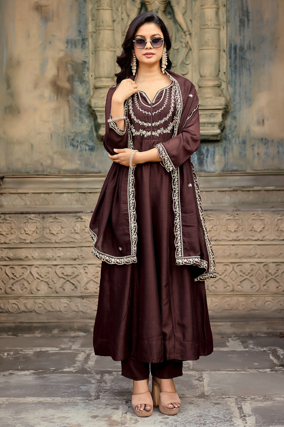 Dwija Fashion Anarkali Kurta Vichitra Silk Embroidered Deep Brown Color Kurti With Pant And Dupatta | Grocsy