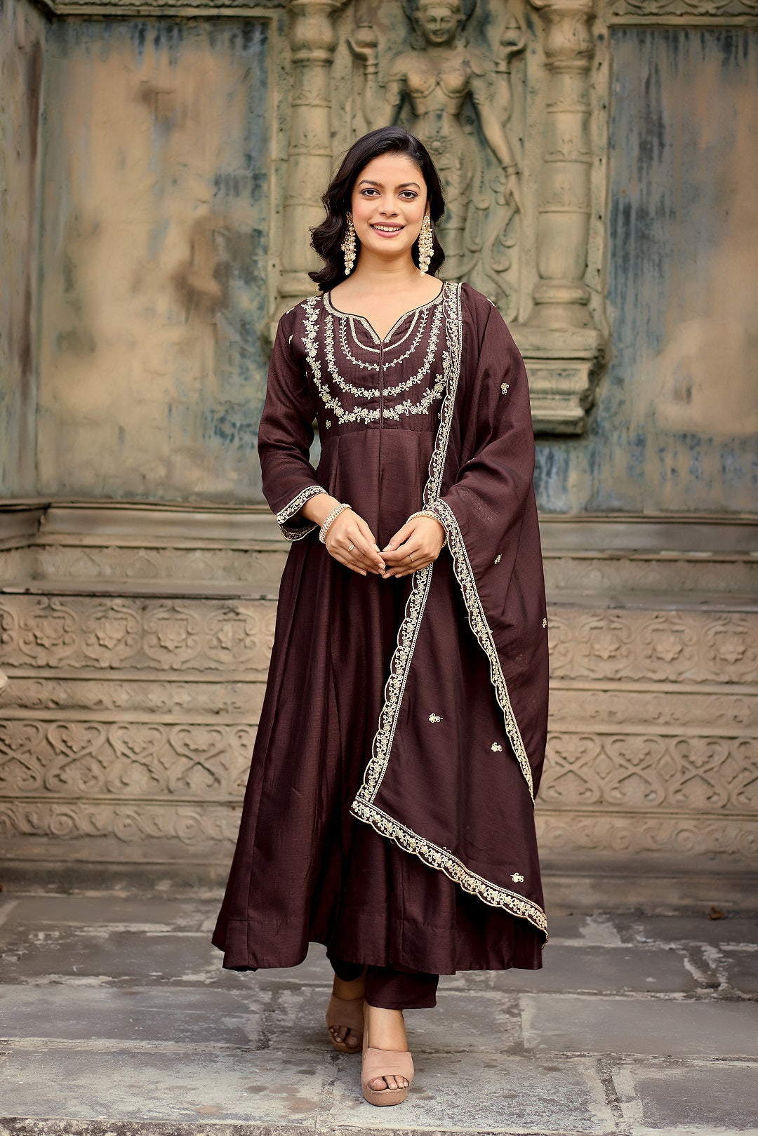 Dwija Fashion Anarkali Kurta Vichitra Silk Embroidered Deep Brown Color Kurti With Pant And Dupatta | Grocsy