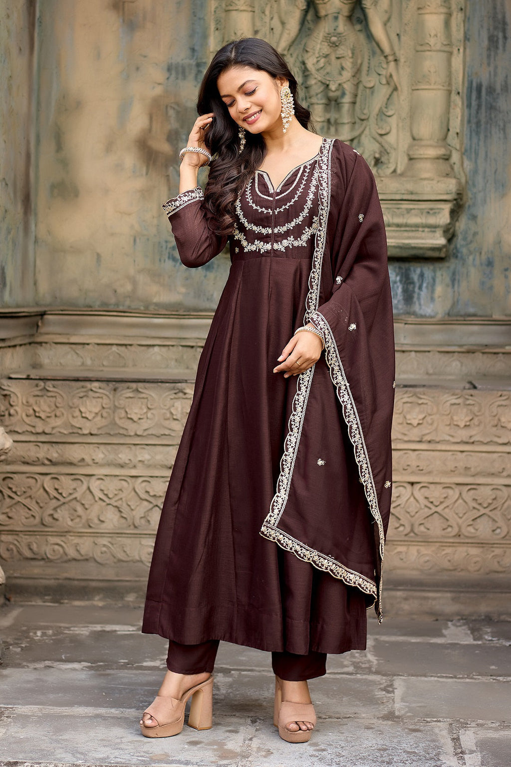 Dwija Fashion Anarkali Kurta Vichitra Silk Embroidered Deep Brown Color Kurti With Pant And Dupatta | Grocsy
