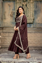 Dwija Fashion Anarkali Kurta Vichitra Silk Embroidered Deep Brown Color Kurti With Pant And Dupatta | Grocsy