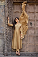 Dwija Fashion Anarkali Kurta Vichitra Silk Embroidered Gold Color Kurti With Pant And Dupatta | Grocsy