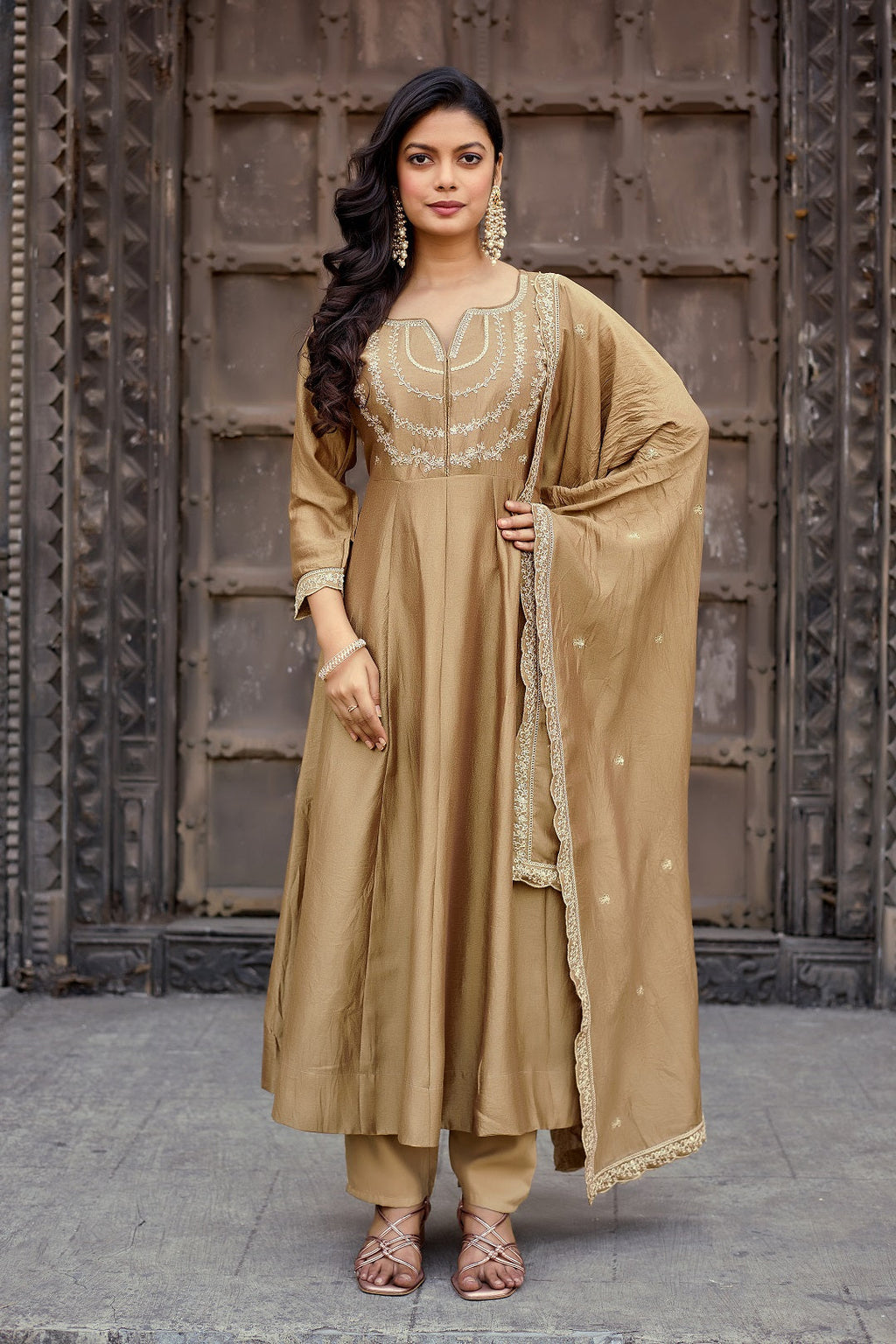 Dwija Fashion Anarkali Kurta Vichitra Silk Embroidered Gold Color Kurti With Pant And Dupatta | Grocsy