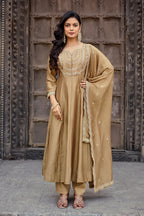 Dwija Fashion Anarkali Kurta Vichitra Silk Embroidered Gold Color Kurti With Pant And Dupatta | Grocsy