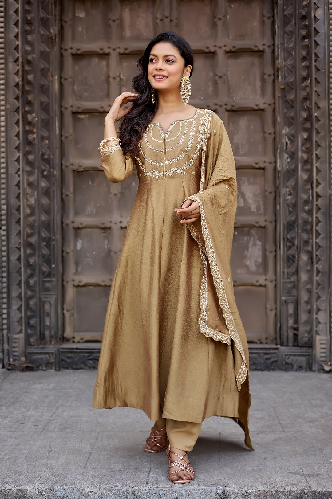 Dwija Fashion Anarkali Kurta Vichitra Silk Embroidered Gold Color Kurti With Pant And Dupatta | Grocsy
