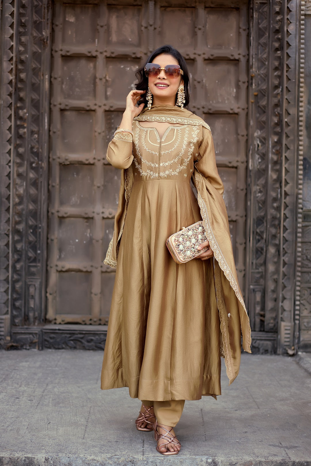 Dwija Fashion Anarkali Kurta Vichitra Silk Embroidered Gold Color Kurti With Pant And Dupatta | Grocsy