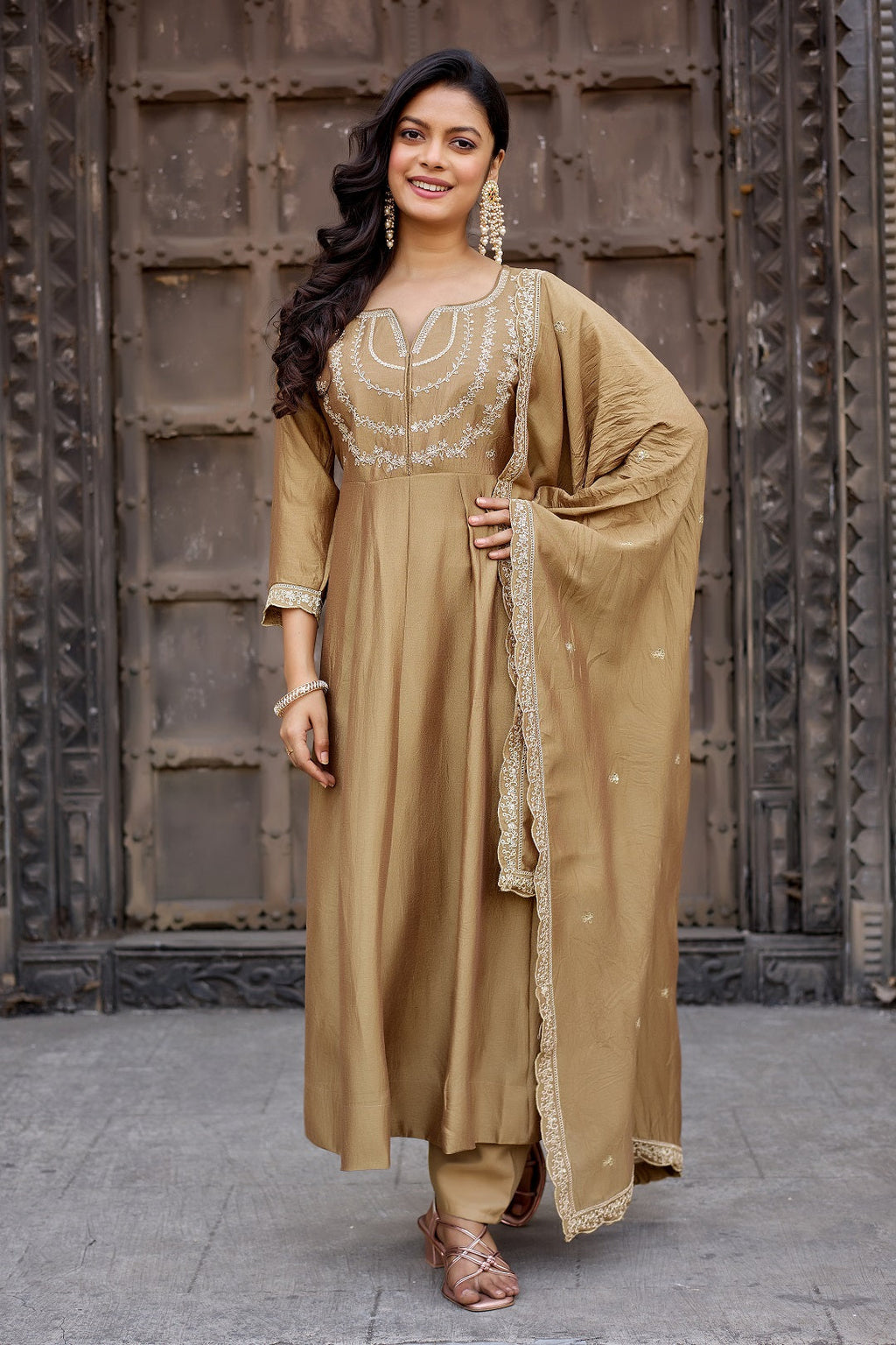 Dwija Fashion Anarkali Kurta Vichitra Silk Embroidered Gold Color Kurti With Pant And Dupatta | Grocsy