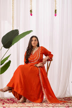 Dwija Fashion Anarkali Kurta Vichitra Silk Embroidered Orange Color Kurti With Pant And Dupatta | Grocsy