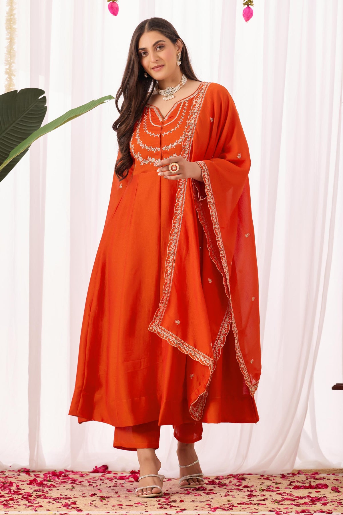 Dwija Fashion Anarkali Kurta Vichitra Silk Embroidered Orange Color Kurti With Pant And Dupatta | Grocsy