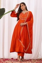 Dwija Fashion Anarkali Kurta Vichitra Silk Embroidered Orange Color Kurti With Pant And Dupatta | Grocsy