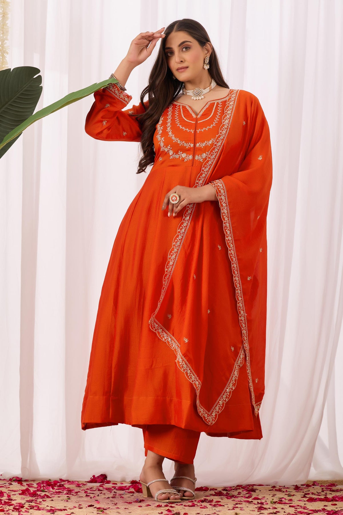 Dwija Fashion Anarkali Kurta Vichitra Silk Embroidered Orange Color Kurti With Pant And Dupatta | Grocsy