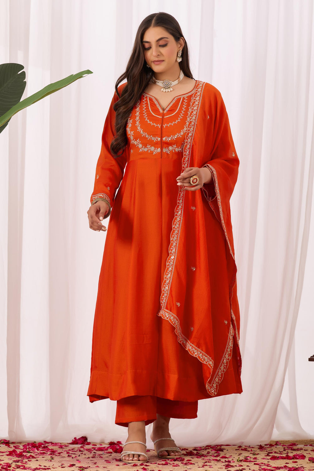 Dwija Fashion Anarkali Kurta Vichitra Silk Embroidered Orange Color Kurti With Pant And Dupatta | Grocsy