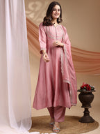 Dwija Fashion Anarkali Kurta Vichitra Silk Embroidered Pink Color Kurti With Pant And Dupatta | Grocsy