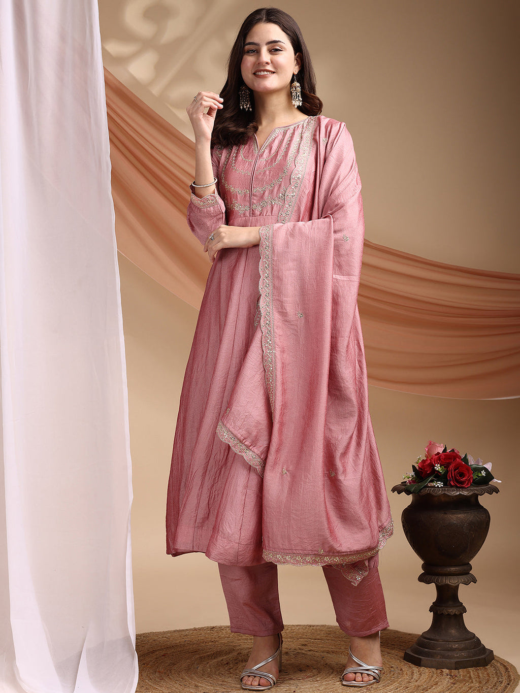 Dwija Fashion Anarkali Kurta Vichitra Silk Embroidered Pink Color Kurti With Pant And Dupatta | Grocsy