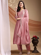 Dwija Fashion Anarkali Kurta Vichitra Silk Embroidered Pink Color Kurti With Pant And Dupatta | Grocsy