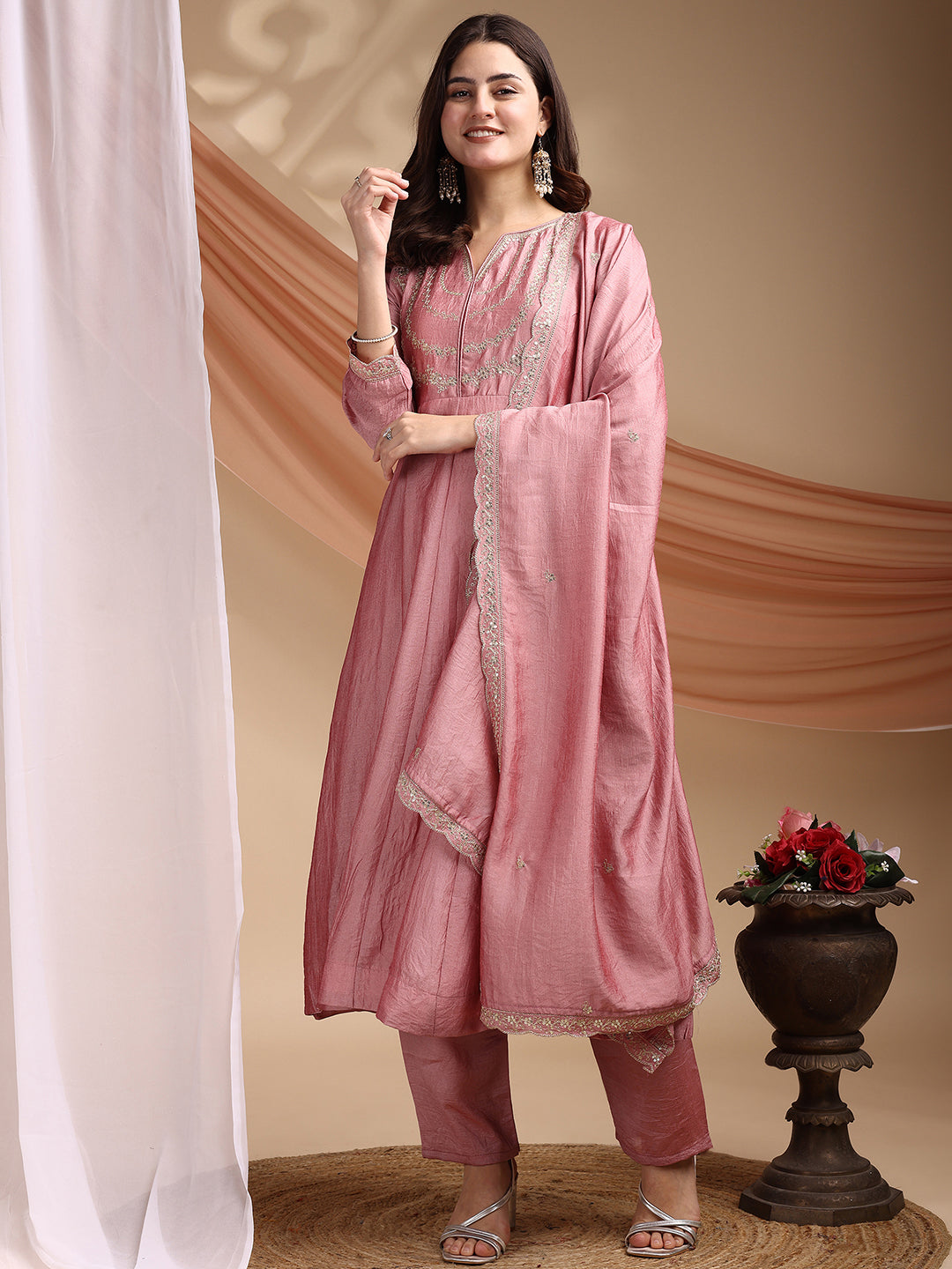 Dwija Fashion Anarkali Kurta Vichitra Silk Embroidered Pink Color Kurti With Pant And Dupatta | Grocsy