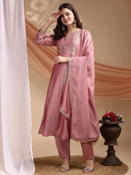 Dwija Fashion Anarkali Kurta Vichitra Silk Embroidered Pink Color Kurti With Pant And Dupatta | Grocsy