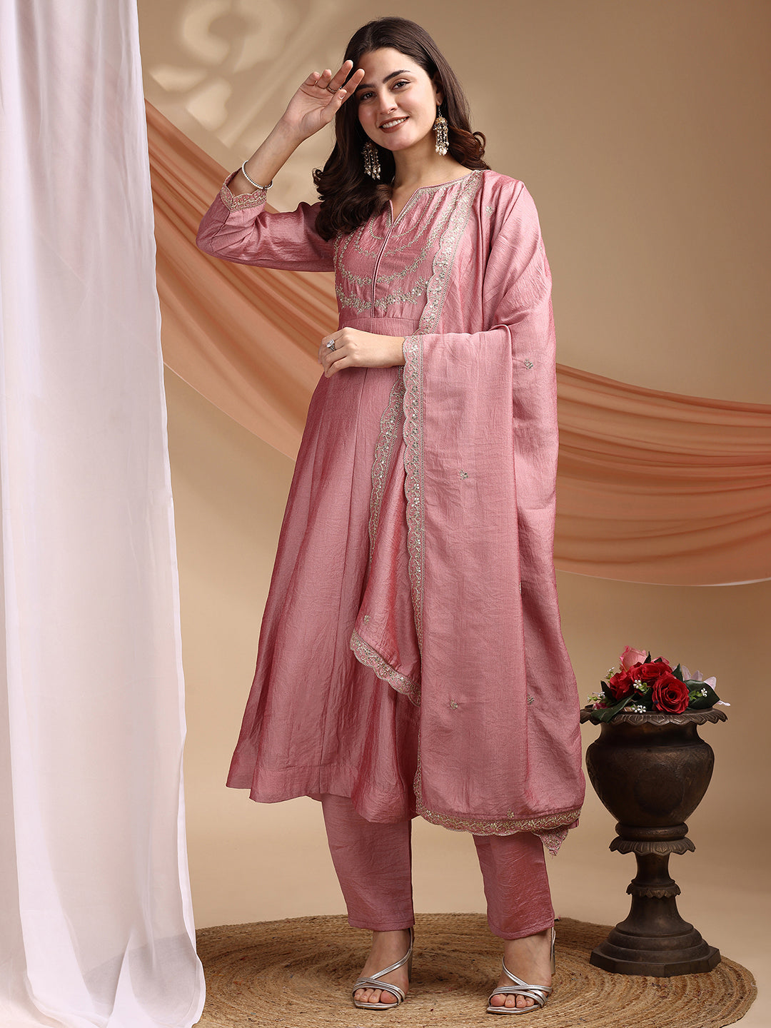 Dwija Fashion Anarkali Kurta Vichitra Silk Embroidered Pink Color Kurti With Pant And Dupatta | Grocsy
