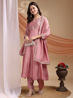 Dwija Fashion Anarkali Kurta Vichitra Silk Embroidered Pink Color Kurti With Pant And Dupatta | Grocsy