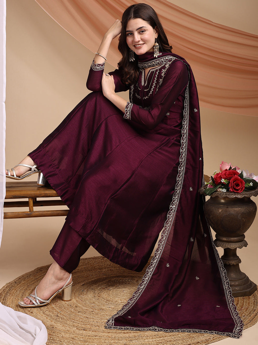 Dwija Fashion Anarkali Kurta Vichitra Silk Embroidered Wine Color Kurti With Pant And Dupatta | Grocsy