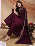 Dwija Fashion Anarkali Kurta Vichitra Silk Embroidered Wine Color Kurti With Pant And Dupatta | Grocsy