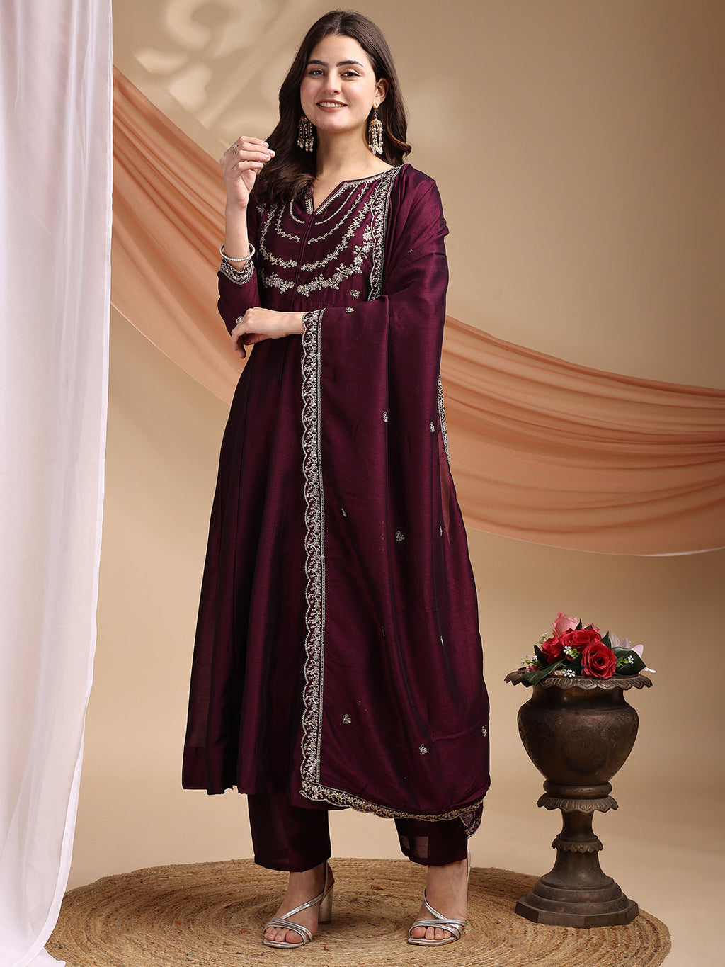 Dwija Fashion Anarkali Kurta Vichitra Silk Embroidered Wine Color Kurti With Pant And Dupatta | Grocsy